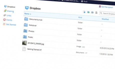 A Dropbox webes felületének fő képernyője